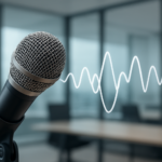 Close-up of a microphone with sound wave graphic in an office setting