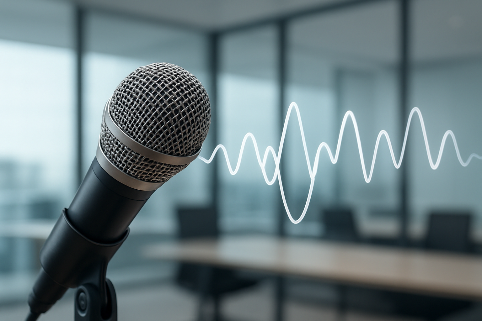 Close-up of a microphone with sound wave graphic in an office setting