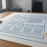 A close-up view of a web design blueprint with lines and boxes on a grid paper.