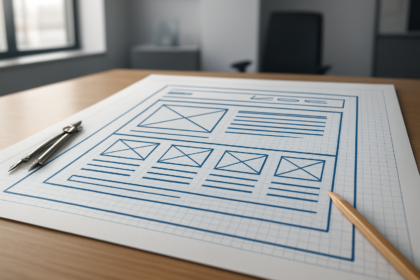 A close-up view of a web design blueprint with lines and boxes on a grid paper.