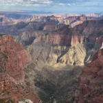 Panoramic view of a canyon with rugged terrain and colorful rock formations under a cloudy sky