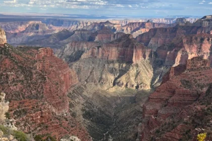 Panoramic view of a canyon with rugged terrain and colorful rock formations under a cloudy sky
