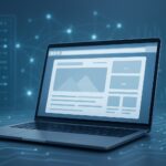 A laptop displaying a website design interface with a futuristic background